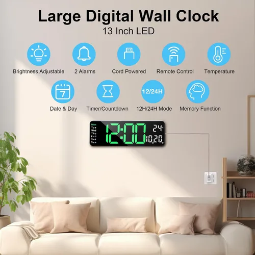 Miniatura 2 de Lafocuse Reloj de pared digital silencioso de 13 pulgadas, pantalla grande verde con fecha y semana, reloj LED con control remoto para decoración