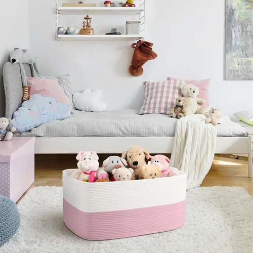 Miniatura 4 de MEGASKET Cesta de almacenamiento grande de color rosa, 22 x 17 x 12 pulgadas, contenedor rectangular de cuerda de algodón para organizar, Blanco
