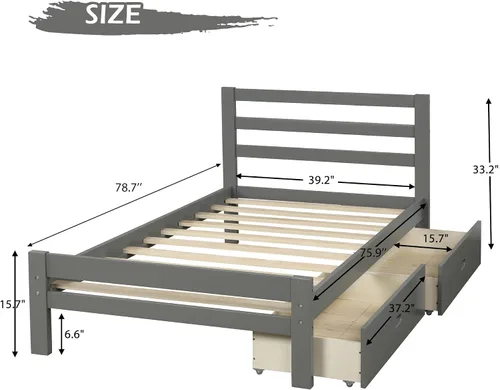Miniatura 2 de Cama de plataforma de madera de tamaño individual con 2 cajones, marco de cama de plataforma moderna con cajón de almacenamiento, muebles
