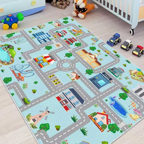 Miniatura 4 de Alfombra de coche para niños, 2 pies 7 pulgadas x 4 pies, alfombra de juego de tráfico urbano para autos de carreras y juguetes, divertida alfombra