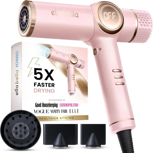 ELLA BELLA® - Secador de pelo iónico profesional con difusor • Secador de pelo de iones negativos • Adecuado para todo tipo de cabello • Control Rosa
