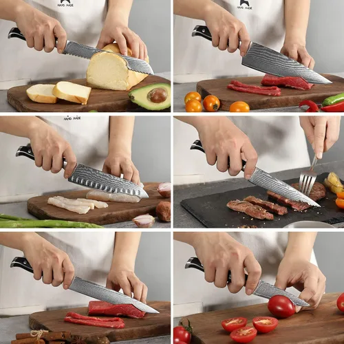 Miniatura 7 de Conjunto de cuchillos de cocina Damasco con bloque - Acero VG10 de 67 capas de afilado al ras, mangos con triple remache, cuchillos de chef, Gris