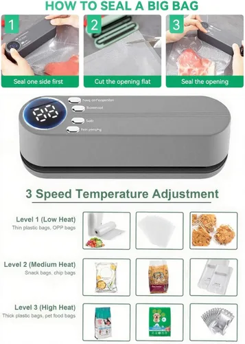 Miniatura 5 de Mini sellador al vacío, 3 en 1, sellador al vacío de mano inalámbrico para almacenamiento de alimentos secos/húmedos con 4 bolsas de aperitivos, Gris