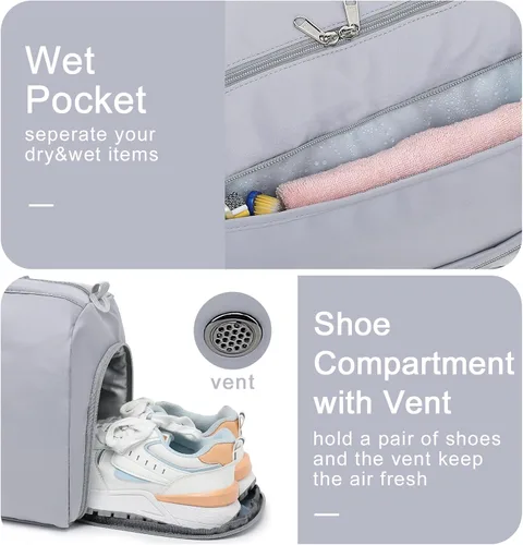 Miniatura 6 de Bolsa de viaje deportiva para gimnasio para hombres y mujeres con compartimento para zapatos, bolsillo húmedo, Gris (Pure Grey), Bolsa de gimnasio