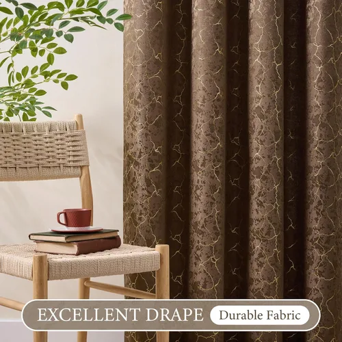Miniatura 4 de Cortinas marrones y doradas de 63 pulgadas de largo, 2 paneles de cortinas geométricas para oscurecer la habitación, cortinas con ojales, estampado