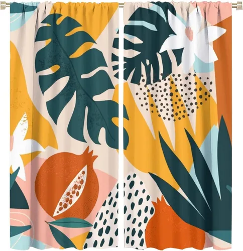 Miniatura 21 de Cortinas opacas de arte abstracto de mediados de siglo para dormitorio, cortinas modernas de estilo bohemio con hojas geométricas florales, cortinas