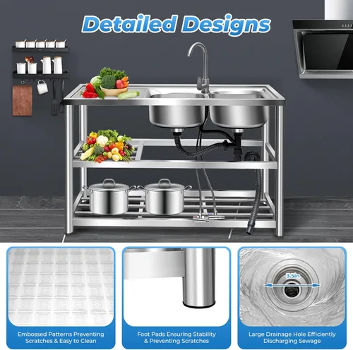 Miniatura 7 de Fregadero de acero inoxidable 304 para preparación y uso general, fregadero al aire libre, fregadero de cocina comercial de doble tazón, 2