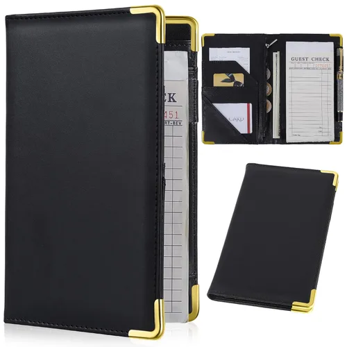 Miniatura 8 de Libros de servidor para camarera - Bonito libro de camarera con bolsillo para dinero, libro de cuero con cartera y bolsillo con cremallera. Flores a