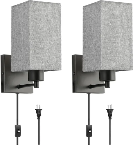 Miniatura 8 de KOONTING® Juego de 2 apliques de pared enchufables, lámpara de pared rústica con cable de enchufe e interruptor de palanca de encendido/apagado, Lino
