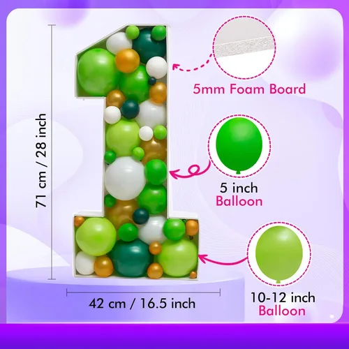Miniatura 4 de JoyBox Design - Marco de número 1 para rellenar con un mosaico de globos, para iluminar marquesina, kit de tablero de espuma precortado extragrande