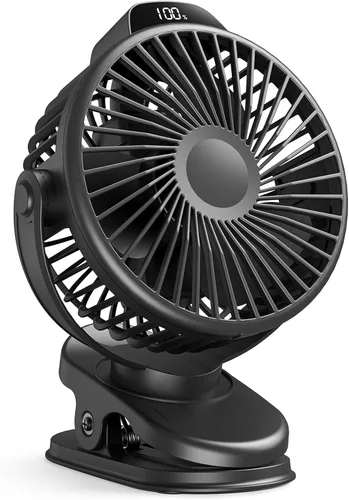 Koonie - Ventilador portátil con clip, pequeño ventilador USB a batería, ventilador mini recargable de 3 velocidades con pantalla LED, ventilador de