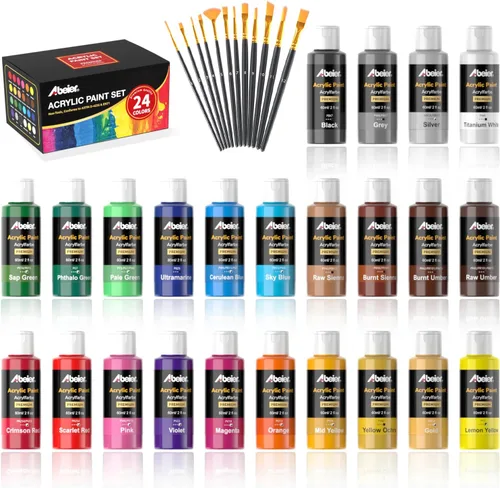 ABEIER Juego de pintura acrílica, 24 colores (60ml/2oz) con 12 pinceles de pintura, no tóxico, resistente al agua, fuerte cobertura para niños,