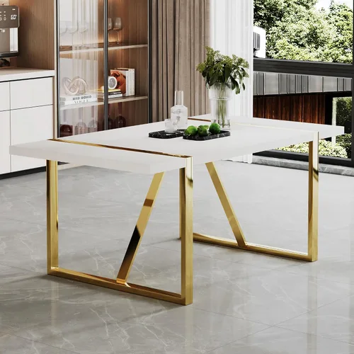 Miniatura 28 de Moderno juego de mesa de comedor para 4, juego de mesa de comedor dorado de 55 pulgadas con 4 sillas de piel sintética negra, mesa de madera negra