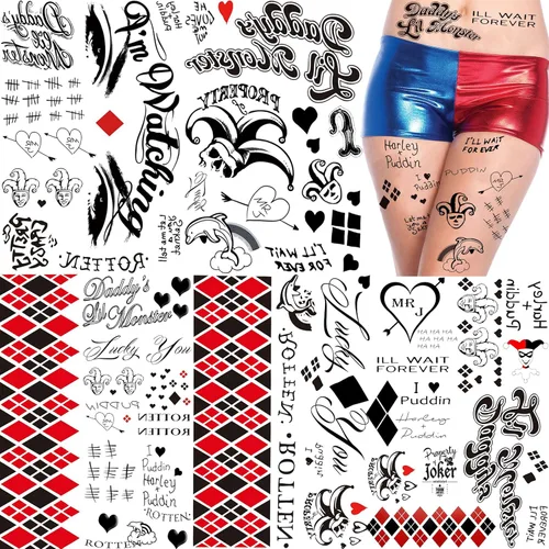 TASROI 5 hojas de calcomanías de tatuaje HQ Joker para mujeres, hombres y adultos, tatuajes temporales de Halloween, kit de maquillaje de cara,