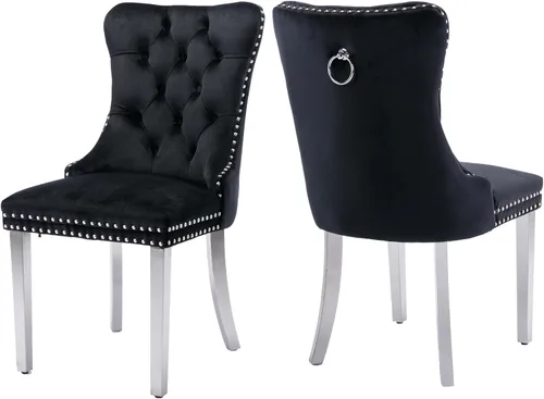 Miniatura 21 de Juego de 2 sillas de comedor, sillas de comedor tapizadas con tirador de anillo trasero, ribete de cabeza de clavo y patas de acero inoxidable Gris