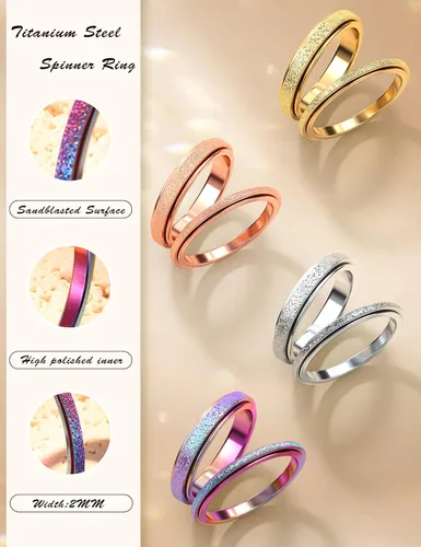 Miniatura 27 de Diamday Anillos antiestrés para mujeres y hombres – Anillo giratorio de acero inoxidable de 2/4 para aliviar la ansiedad y el estrés, con purpurina