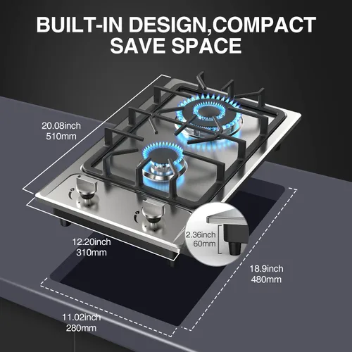 Miniatura 2 de ANHANE Estufa de gas de 2 quemadores de 12 pulgadas: superficie de cocción de propano portátil de acero inoxidable para RV, apartamentos