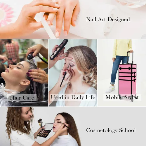 Miniatura 7 de Estuche de tren de maquillaje rodante de partículas para cosméticos, organizador de almacenamiento grande con ruedas giratorias, estuche