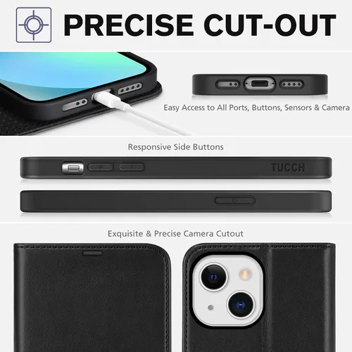Miniatura 8 de TUCCH Funda tipo cartera para iPhone 13 Mini, carcasa interior de TPU a prueba de golpes, piel sintética, bloqueo RFID, soporte para tarjeta de Negro