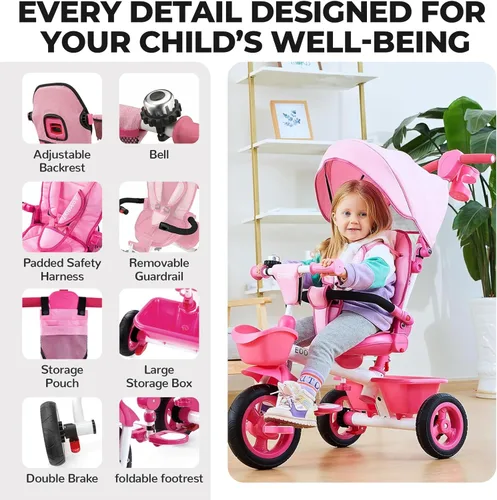 Miniatura 9 de EOOWOY Triciclo para niños pequeños con mango de empuje, triciclo cochecito 7 en 1 con asiento giratorio de 360°, respaldo reclinable, ruedas