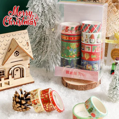 Miniatura 7 de 16 rollos de cinta adhesiva Washi de Navidad, cinta de enmascarar festiva, 4 tamaños, rojo y verde, cinta de envolver navideña, cinta decorativa