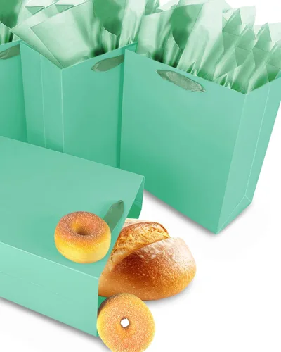 Miniatura 3 de qiqee 10 mini bolsas de regalo color verde frijol con asas de papel de seda de 6.3 x 4.7 x 2.4 pulgadas, tamaño pequeño para regalos de fiesta
