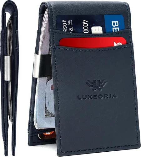 LUXEORIA Cartera de cuero genuino de grano completo para hombre, cartera de viaje hecha a mano, billetera delgada minimalista para hombre, cartera