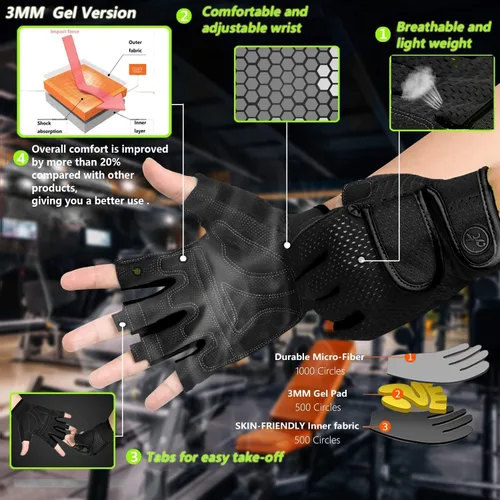 Miniatura 2 de Guantes de entrenamiento MOREOK con acolchado para levantamiento de pesas para hombres/mujeres, [Gel de 3MM] guantes sin dedos de agarre para Negro