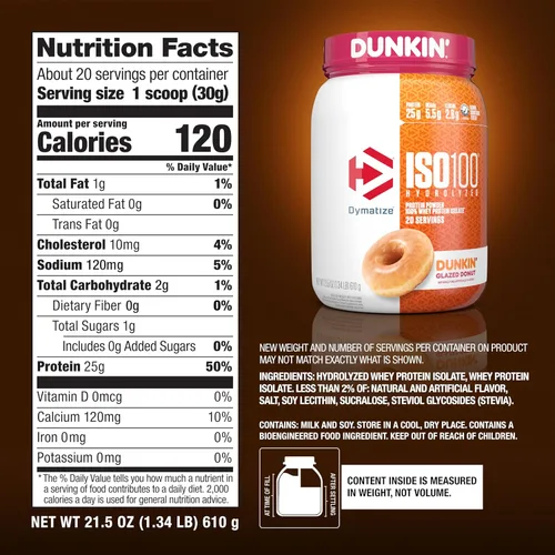 Miniatura 5 de Dymatize x Dunkin' Glazed Donut ISO100 Proteína de suero en polvo, 0.88 oz de proteína, 0.19 oz de BCAA, 120 Cal., Sin gluten, 0.04 oz de grasa