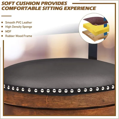 Miniatura 8 de COSTWAY Juego de 2 taburetes de bar, taburetes giratorios de 360 grados con asiento acolchado de cuero, respaldo de escalera de un solo listón