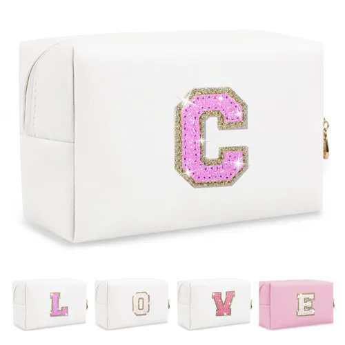 Miniatura 372 de Pequeña bolsa de maquillaje personalizada con inicial A-Z Preppy Patch, bolsa de cosméticos de viaje de felpilla blanca con cremallera, bonita bolsa