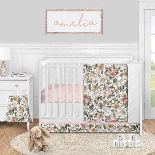Miniatura 3 de Sweet Jojo Designs Sábana bajera ajustable vintage floral para niña, para cuna para bebé o bebé, cuarto de bebé, foto op, rosa rubor, amarillo