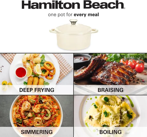 Miniatura 8 de Hamilton Beach Olla holandesa de hierro fundido esmaltado de 3 cuartos de galón con tapa, color crema