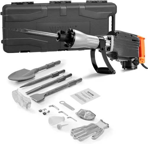 Miniatura 13 de VEVOR Martillo de demolición Jack Hammer, Martillo eléctrico MAX 2200W de alta resistencia, rompedor de hormigón de 1400 BPM, 4 piezas de cinceles