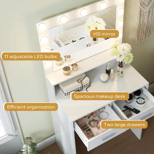 Miniatura 3 de MIRROTOWEL Escritorio de tocador con espejo y luces, tocador con cajón grande, cómoda de almacenamiento de 2 niveles y 3 modos de iluminación