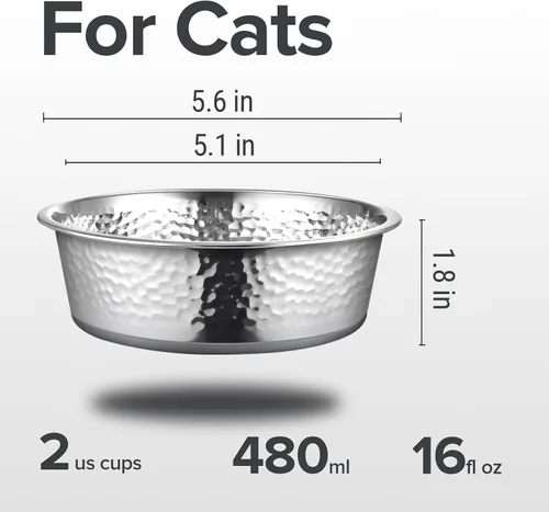 Miniatura 3 de URBUDDIES Paquete de 2 cuencos de acero inoxidable martillados para gatos, cuencos de metal prémium para gatos con parte inferior de goma