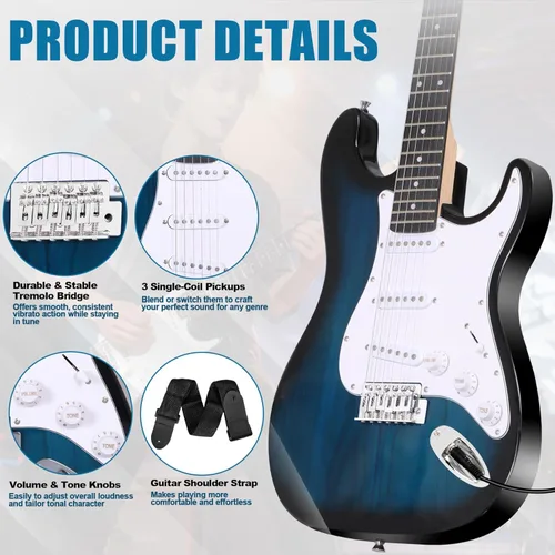 Miniatura 6 de Guitarra eléctrica de tamaño completo de 39 pulgadas, kit de iniciación para principiantes con amplificador de 10W, púas, cuerdas, barra de trémolo