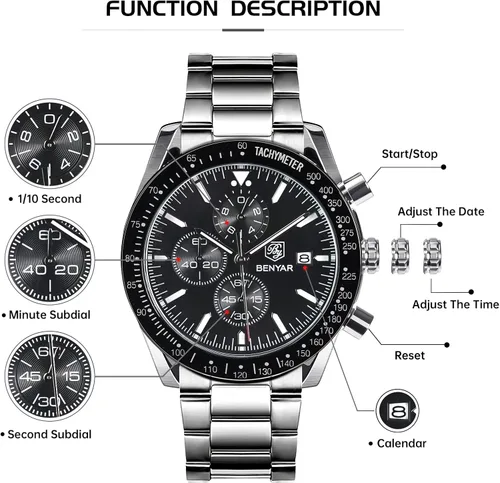 Miniatura 5 de BY BENYAR Reloj de pulsera para hombre Tienda analógico, relojes para hombre, negocios, trabajo, impermeable, cronógrafo, para hombre, moda
