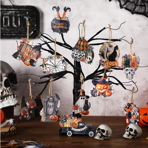 Miniatura 4 de Huwena 36 adornos de madera de Halloween para árbol, fantasma, cráneo, gnomo, calabaza, recortes de madera con cuerdas, decoraciones de árbol