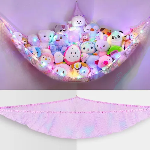 Miniatura 16 de Unicorn Castle Red de animales de peluche o hamaca organizador de almacenamiento de juguetes para niños con luz LED colgante en esquina soporte