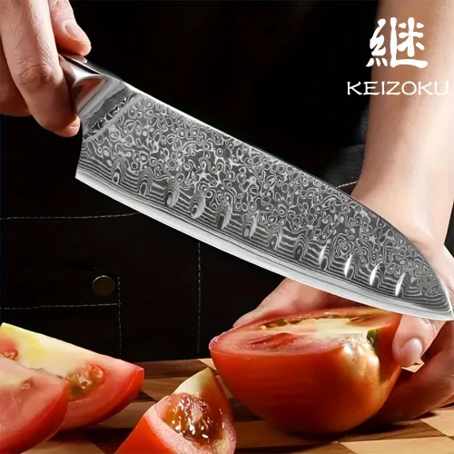 Miniatura 2 de Cuchillo Santoku de acero de Damasco de 7 pulgadas, hoja profesional japonesa 10Cr15MOV con patrón de martillo forjado a mano, cuchillo de cocina