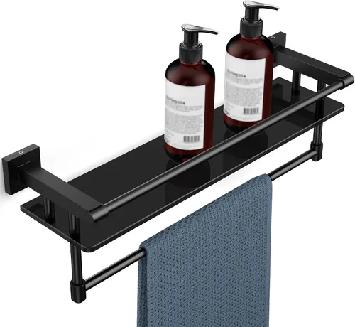 Miniatura 8 de Estante de vidrio para baño de 20 pulgadas, estantes de baño con barra para toallas, estantes de vidrio templado con soporte para toallas de acero