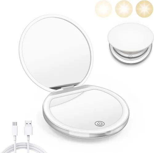 Miniatura 9 de Kakuje Espejo compacto con luz, espejo de bolsillo LED de aumento 1X/3X con cable de datos USB, mini espejo para bolso, bolsillo, viaje y regalo