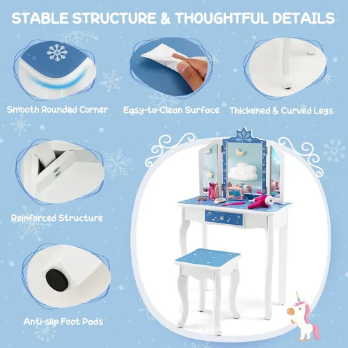 Miniatura 6 de GLACER Vanity - Tocador de maquillaje 2 en 1 con parte superior desmontable, espejo de tres pliegues, cajón, taburete, juego de mesa y silla