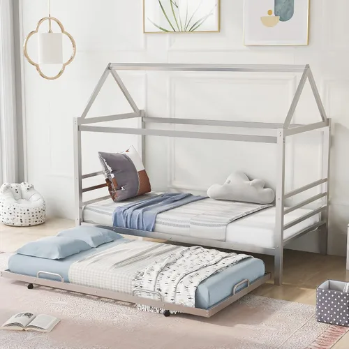 Miniatura 9 de Cama de metal simple con base de tablillas, cama de plataforma tamaño Queen con techo y cabecero, para niños, adolescentes, niños, niñas, uso