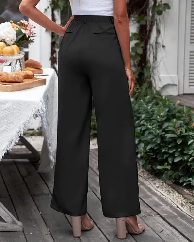 Miniatura 4 de GRAPENT Pantalones de pierna ancha para mujer, para trabajo, negocios, casual, de cintura alta, pantalones de vestir fluidos para la oficina