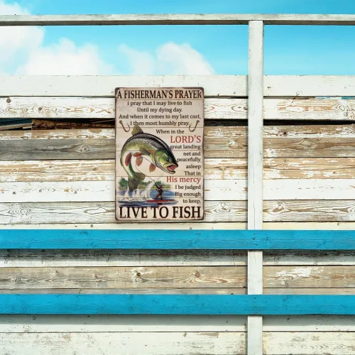Miniatura 7 de SUPERDANT Letreros de lata de pesca vintage con texto en inglés «Live to Fish» de metal «A Fisherman's Signs», cartel divertido para pared, arte