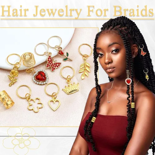 Miniatura 6 de 24 piezas de joyería para el cabello para trenzas de corazón rojo, mariposa, dijes para el día de San Valentín, joyería para trenzas de flores