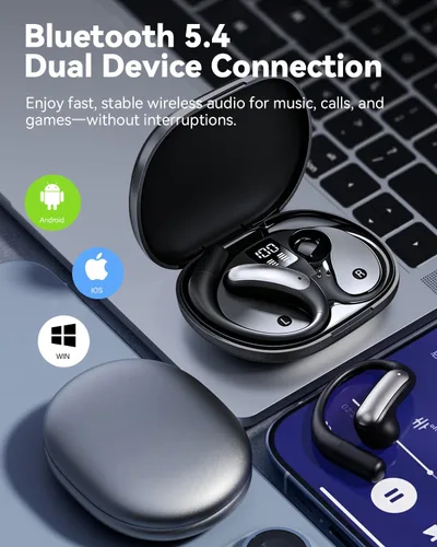 Miniatura 2 de Wentronic Auriculares inalámbricos Bluetooth 5.4 con pantalla digital, gancho seguro, tiempo de reproducción de 48 horas, sonido mejorado, llamadas