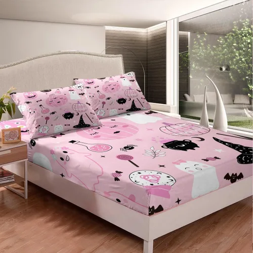 Miniatura 8 de Feelyou Juego de sábanas bajeras de Halloween tamaño individual, juego de sábanas decorativas de Halloween para niños y adultos (sin sábana encimera)